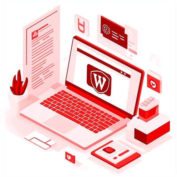 Illustratie van een bureau met laptop en kantoorartikelen met het WordPress-logo op het scherm – symbool voor een WordPress website laten maken door AlphaWeb