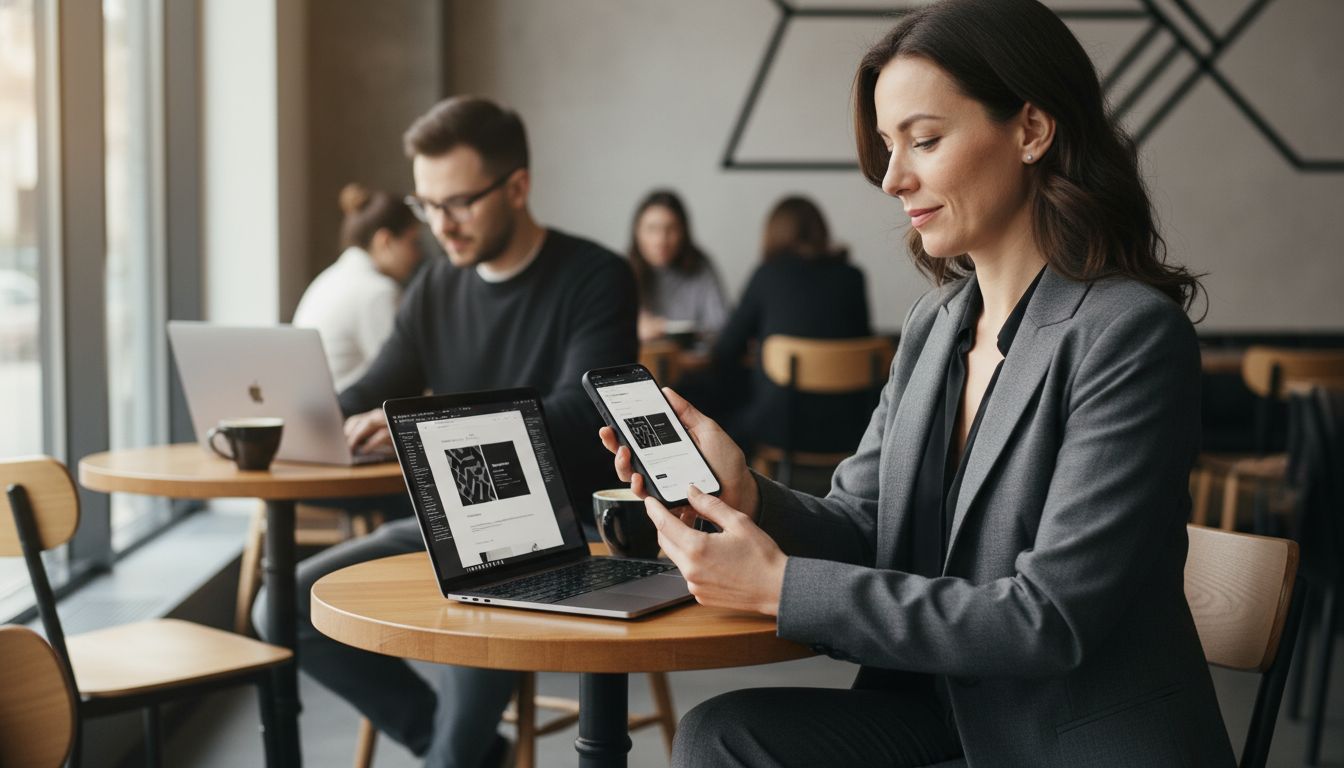 Kantoordame laat haar website zien op een smartphone