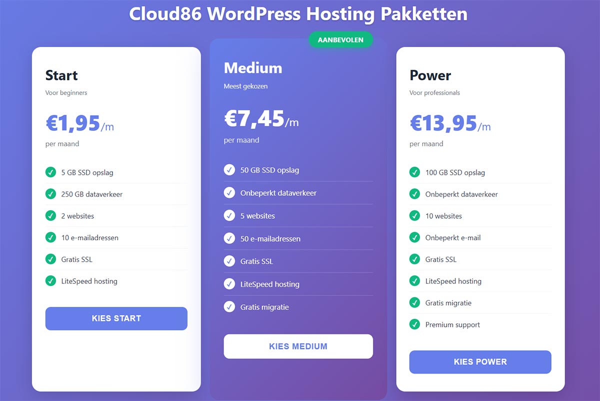 Vergelijking Cloud86 hosting pakketten Start Medium en Power met prijzen en features - Medium pakket aanbevolen door AlphaWeb