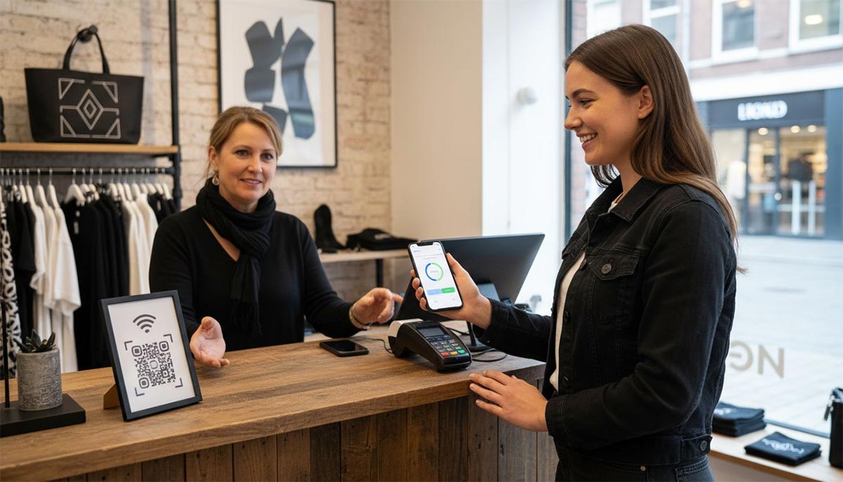 Klant betaalt in winkel met haar mobiele telefoon