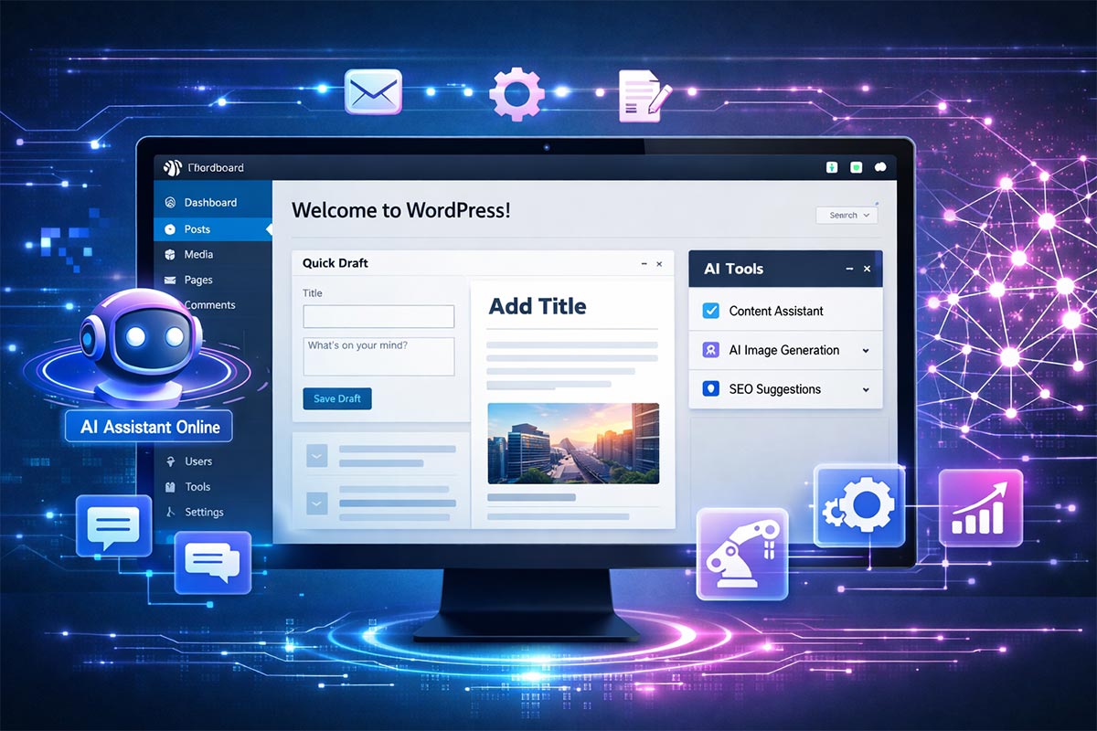 WordPress dashboard interface met geïntegreerde AI-tools voor content creation, afbeelding generatie en SEO-optimalisatie op donkerblauwe futuristische achtergrond