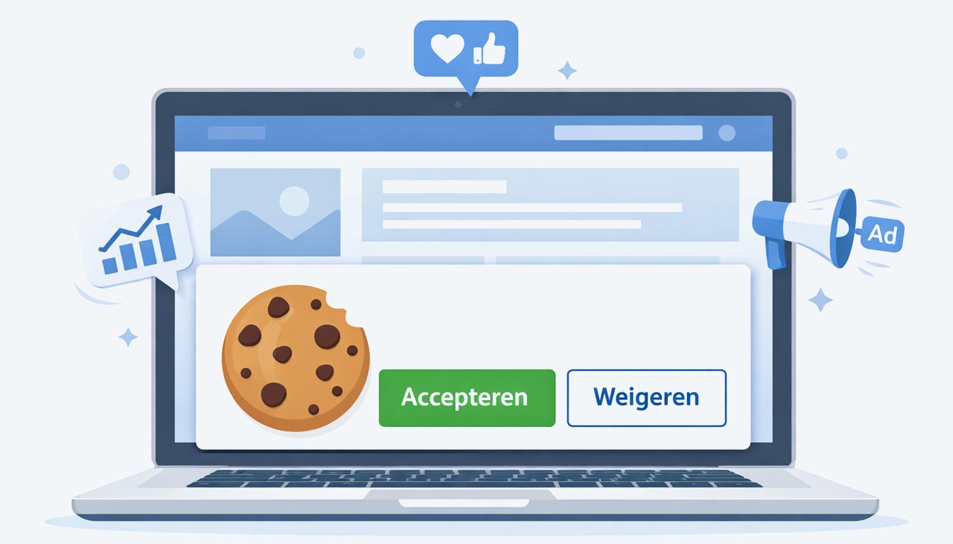 Laptop met cookiebanner popup met een groene accepteerknop en weiger-knop, omringd door iconen voor analytics, social media en advertenties