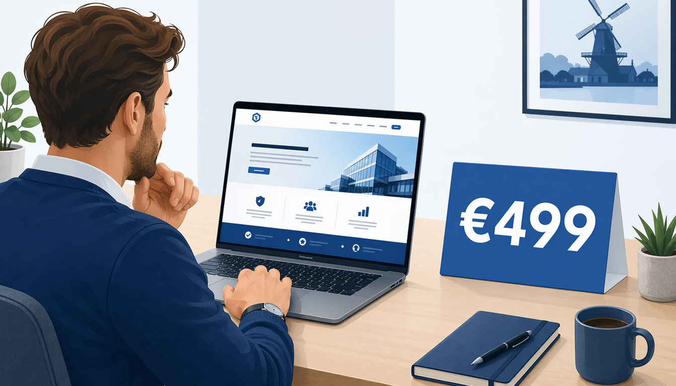 Ondernemer bekijkt website op laptop met prijskaartje van €499