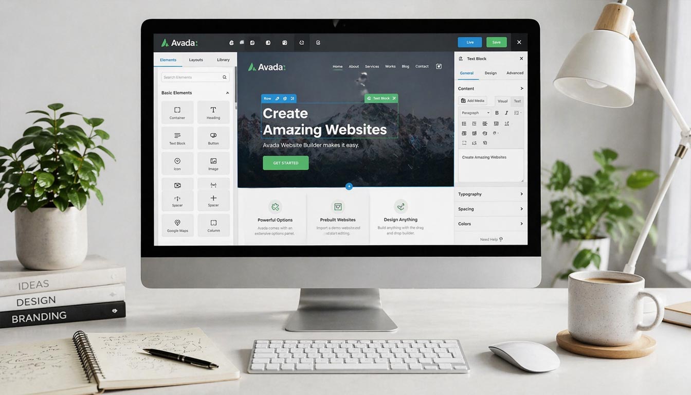 Werkplek met monitor waarop de Avada WordPress website builder zichtbaar is