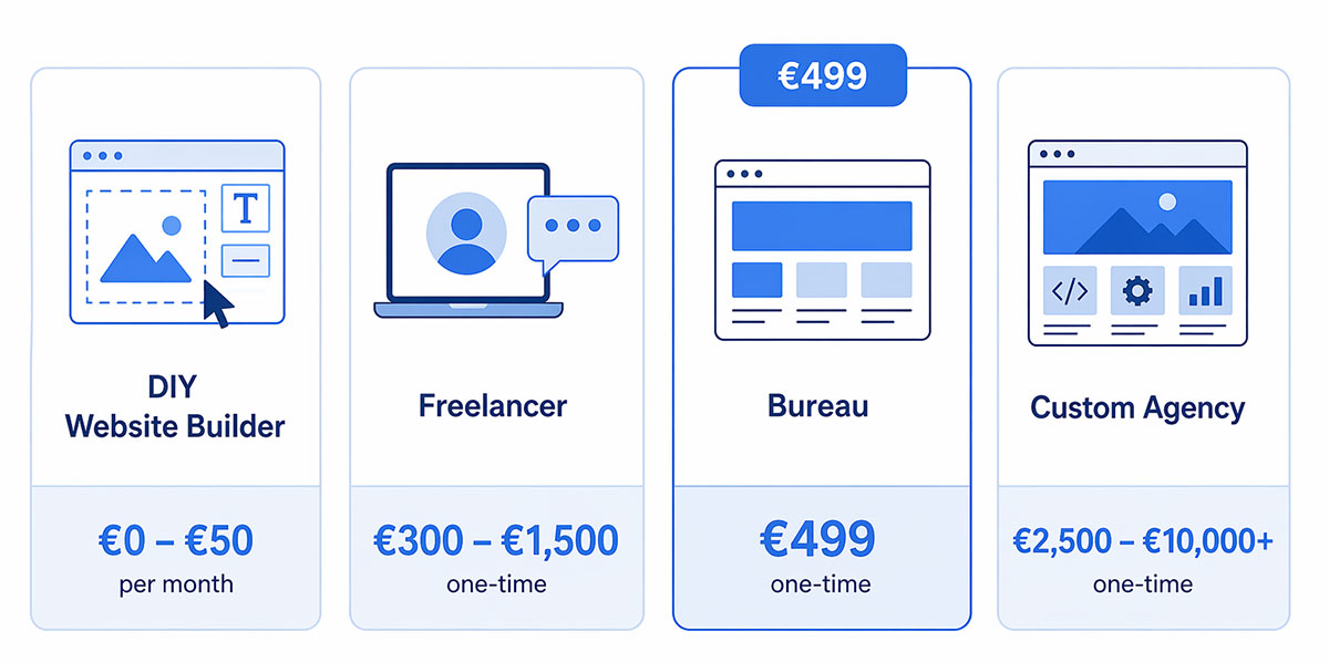 Vergelijking van vier opties voor een website laten maken met bijbehorende prijzen