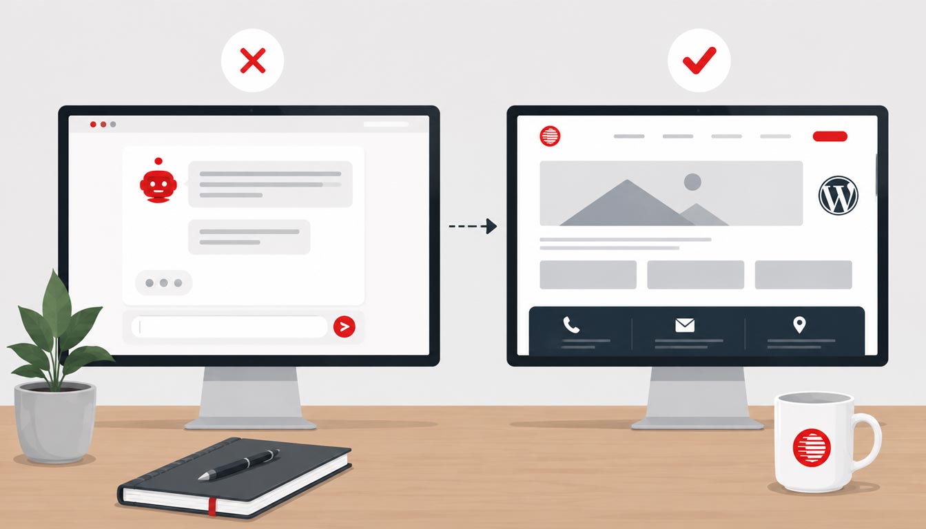 Vergelijking tussen een eenvoudige AI gegenereerde website en een professionele WordPress website met contactgegevens