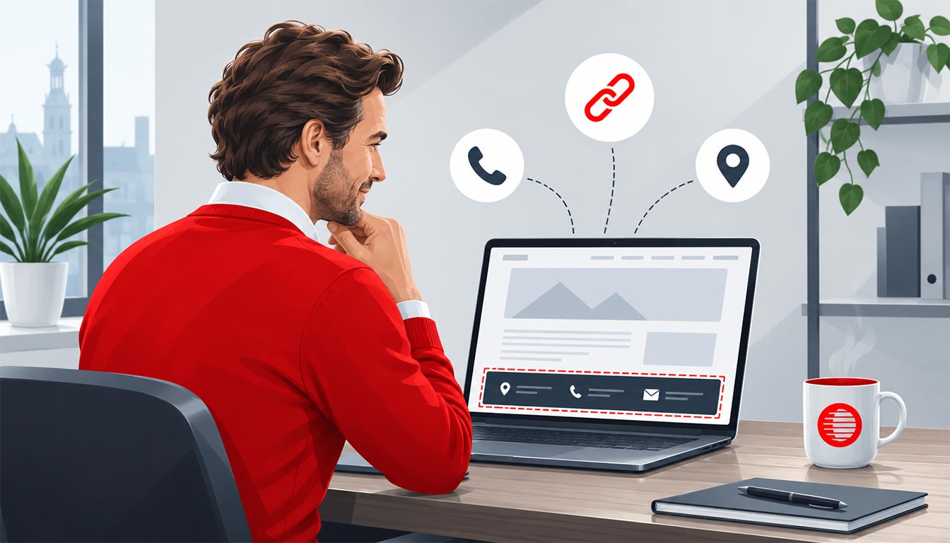 Man kijkt naar laptop met website waarin de footer met contactgegevens, telefoonnummer en locatie is uitgelicht