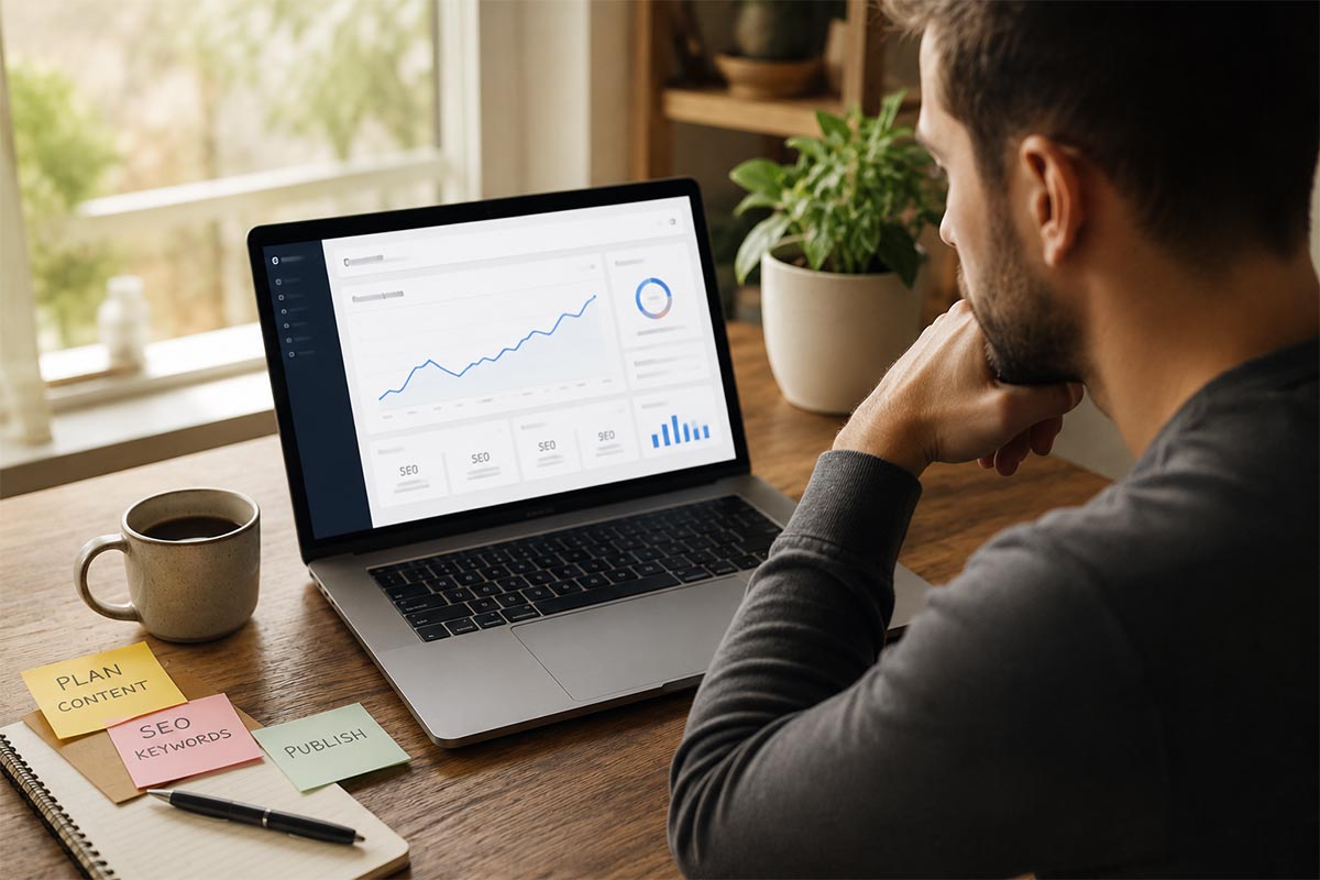Man bekijkt stijgende SEO statistieken op een laptop dashboard met sticky notes voor contentplanning en zoekwoorden op het bureau