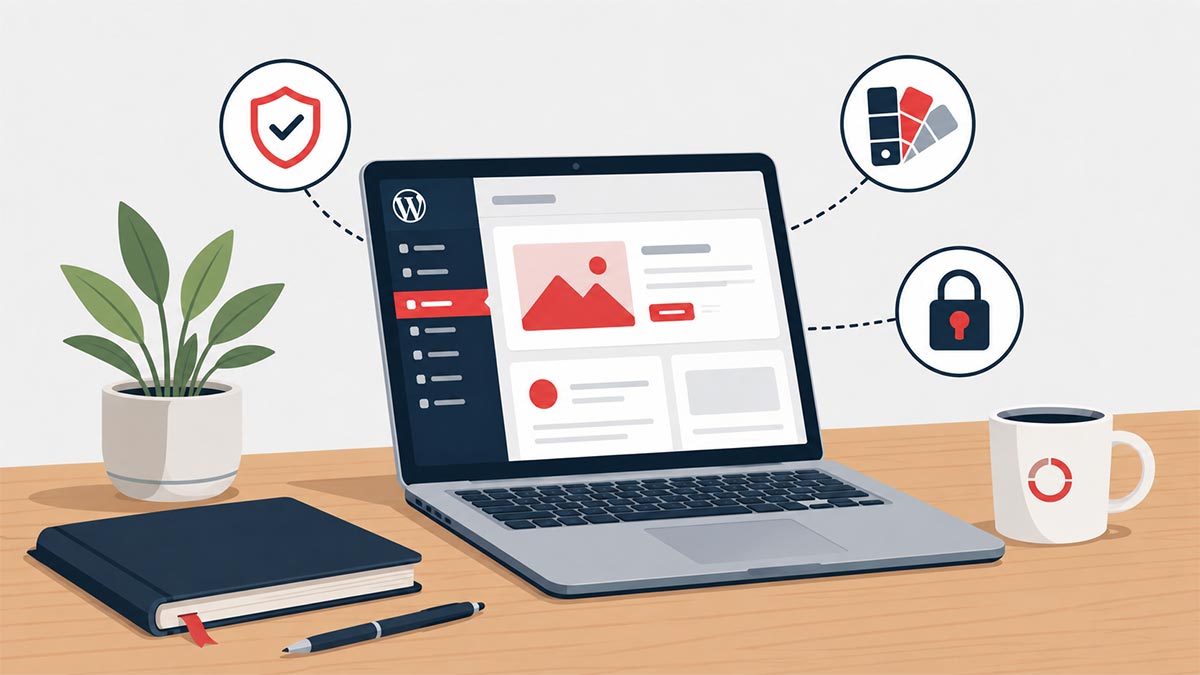 Laptop met WordPress dashboard omringd door iconen voor privacy, huisstijl en beveiliging