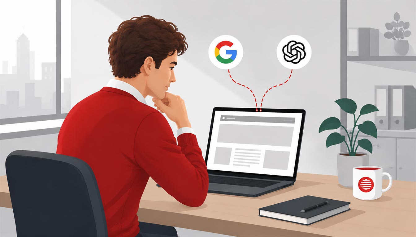 Man kijkt naar een laptop met een website, terwijl een Google logo en een ChatGPT logo boven het scherm zweven