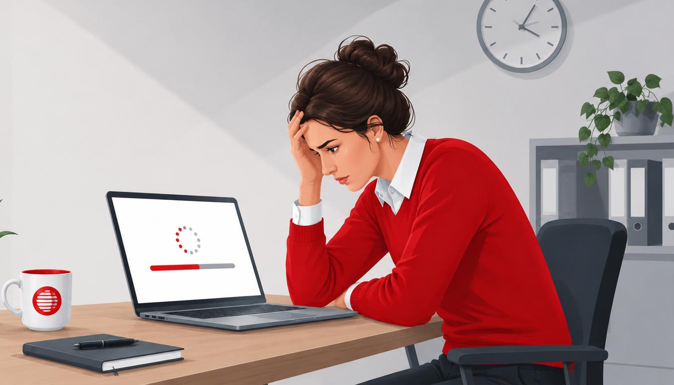 Gefrustreerde onderneemster achter een laptop met een traag ladende website, symbool voor bezoekers die een website verlaten