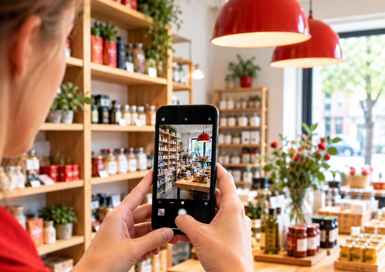 Ondernemer fotografeert de winkel voor het Google Bedrijfsprofiel