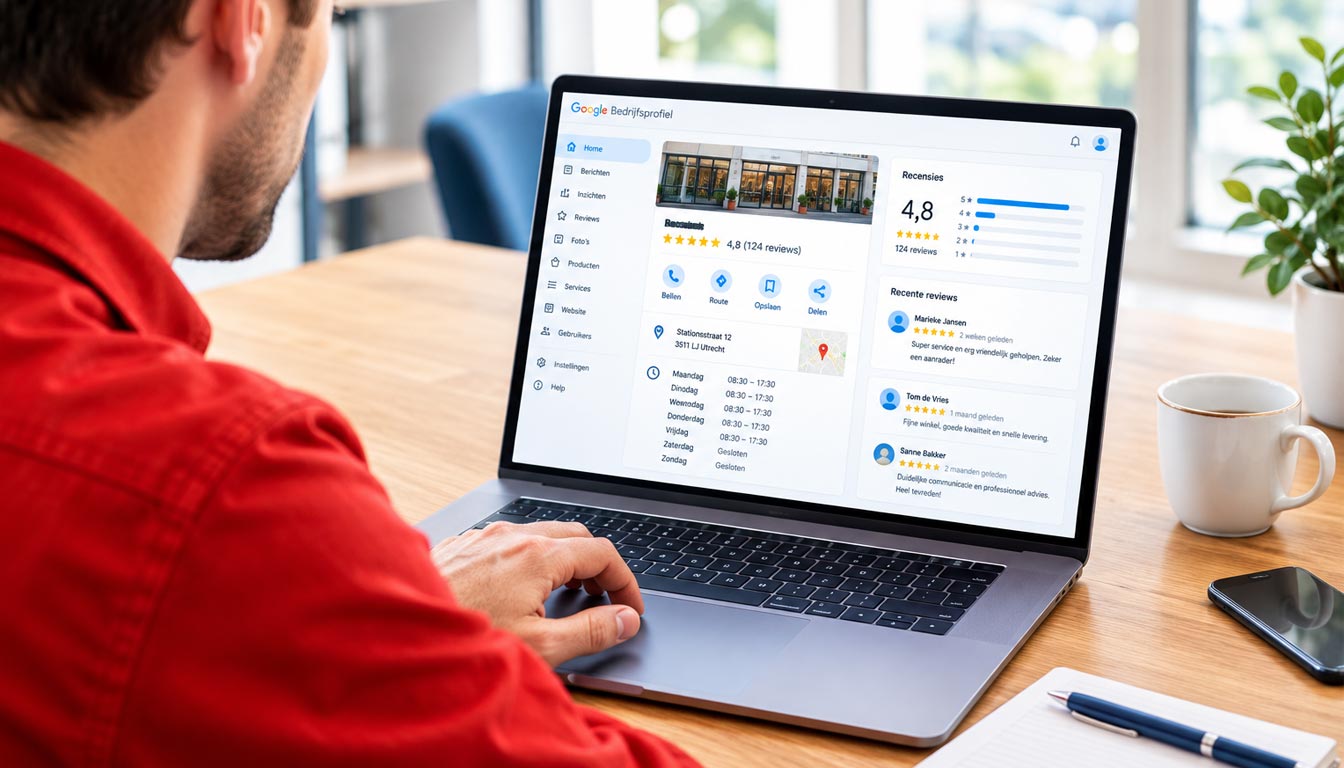 Ondernemer bekijkt Google Bedrijfsprofiel dashboard op laptop